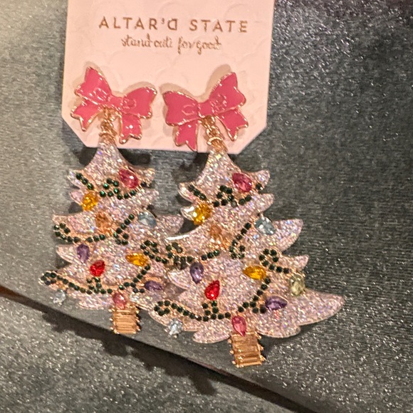 Altar'd State Glitter Christmas Tree Earrings Silver Holiday Party Statement - Picture 2 of 10